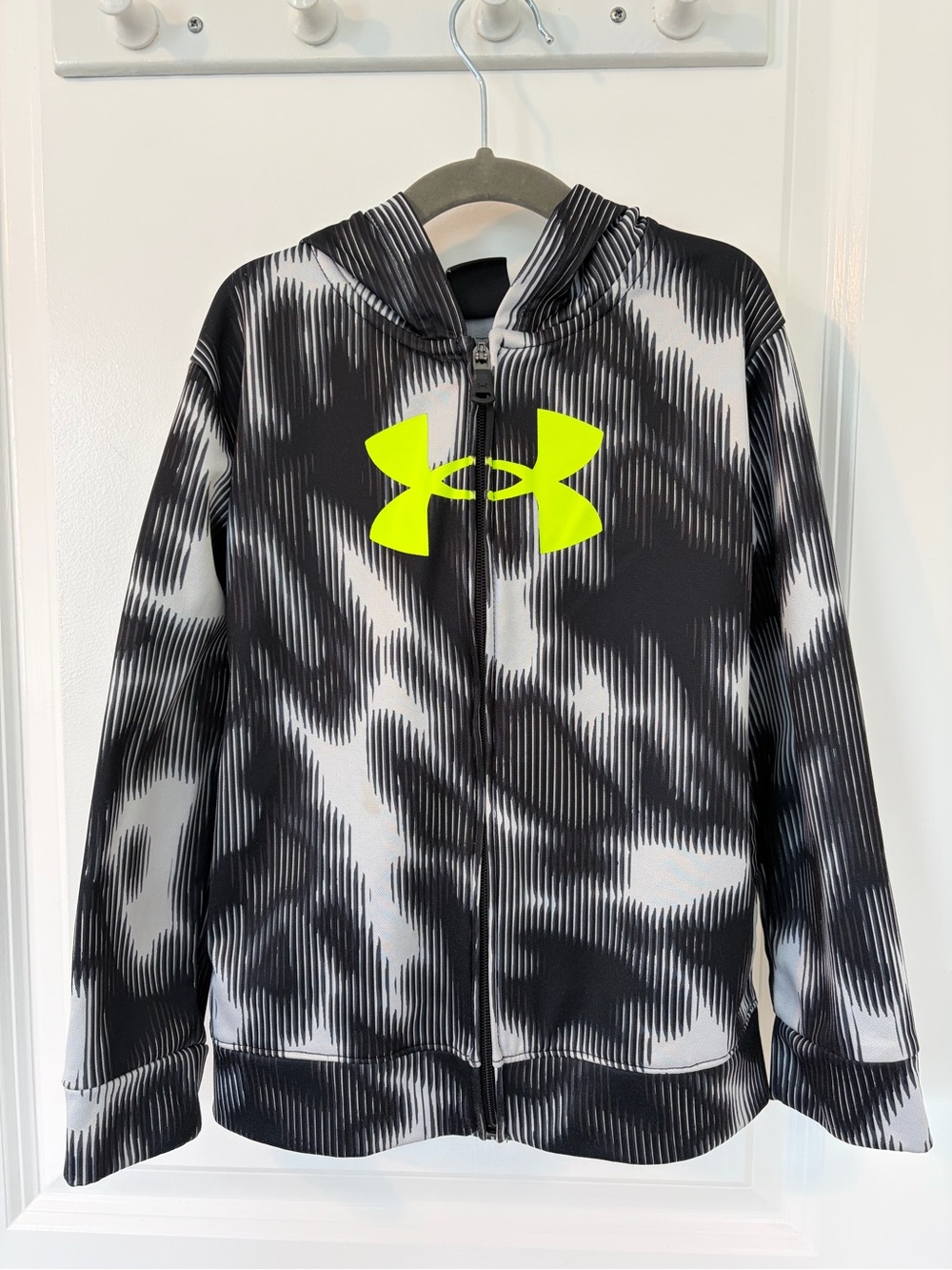 Under Armour Kids' Black & White Hooded Zip-Front Top with Neon Logo